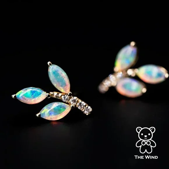 Olive Branch Leaf Design Australian Solid Opal Diamond Stud Earrings 14K Yellow - Picture 1 of 7